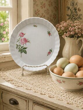 Vintage Christineholm Pink Rose Quiche or Pie Plate 9.75" Scalloped Floral Baker